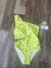 $118 Michael Kors Floral One-Shoulder Lime Cut-Out One-Piece Swimsuit Size 10