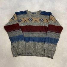 Vintage Abstract Knitted Jumper Patterned Grandad Knit Sweater Men's L