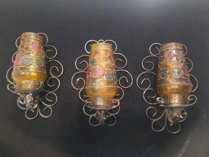 3 Vintage Set 8.25" Amber Glass Wall Candle Sconce MCM Wrought Iron Hanging 