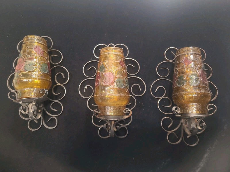 3 Vintage Set 8.25" Amber Glass Wall Candle Sconce MCM Wrought Iron Hanging 