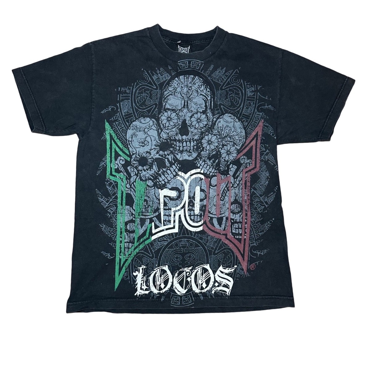 Vintage Y2K Tapout Locos Skulls Mexio Flag Aztec Faded Shirt Mens