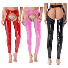 Women's Wet Look Leather Pants High Waisted Cut Out Backless Leggings Clubwear