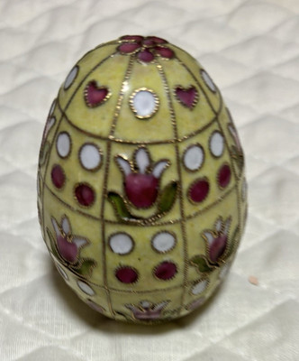 Vintage cloisenne style enameled brass egg yellow pink floral decorative