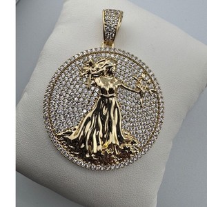 Authentic 14K Gold Plated Iced Out Lady Medallion Pendant Round CZ Hip Hop Jewelry