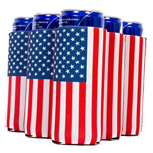 Slim Can Cooler Sleeves, Beer/Energy Drink Pattern Skinny 12 6 Units USA Flag