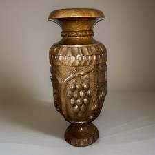 Vintage Hand-Carved Wooden Vase Grapes  Vine Rustic Mediterranean Decor