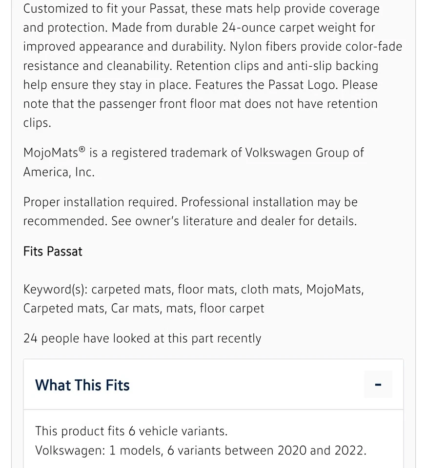 Alfombrillas alfombrillas Volkswagen VW Passat Mojomats 2022-2020 561-061-370-E-EOM OEM nuevas Foto 3 de 4