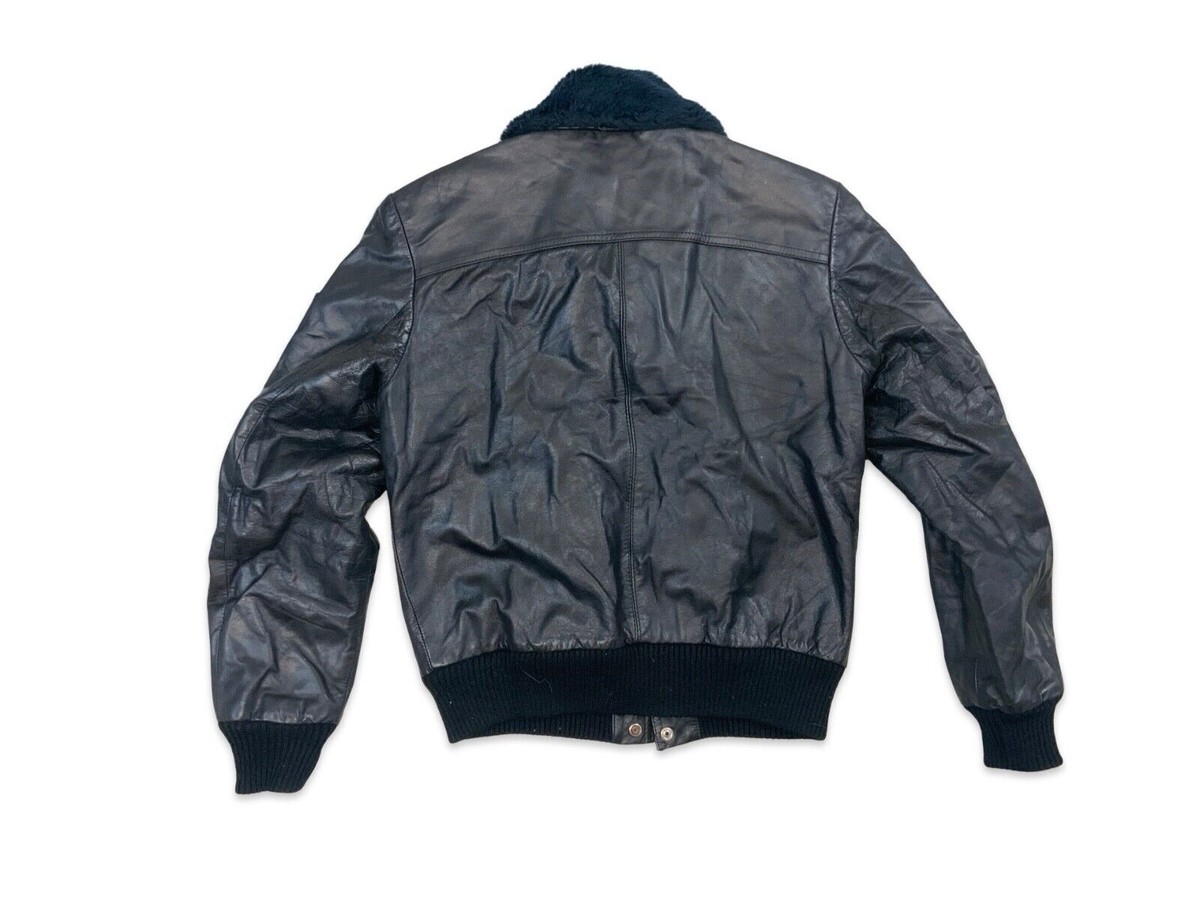 VTG 1970s BLACK SOFT LEATHER JACKET FAUX FUR COLLAR VGC S 36