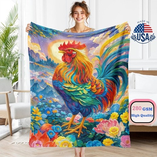 Rooster Print Microplush Fleece Blanket Lightweight Ultra Soft Throw All Season