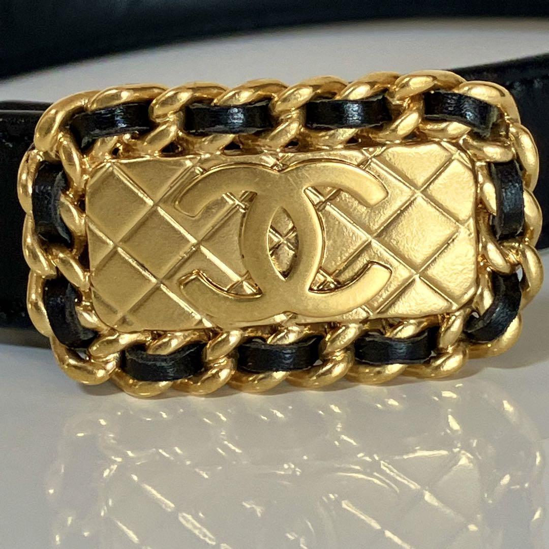 CHANEL CC Mark MATELASSE Chain Leather Belt Black Gold CHANEL CC Mark MATELASSE Chain Leather Belt Black Gold