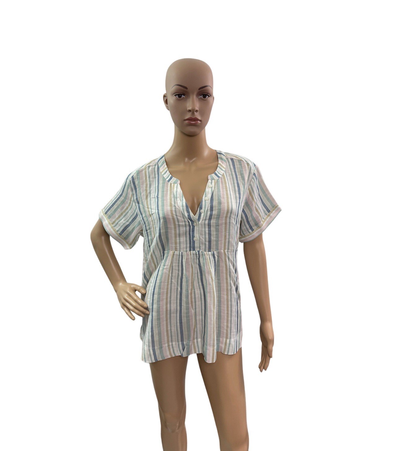 Lucky Brand Women’s Size S Short Sleeve V Neck Babydoll Popover Shirt Striped