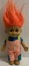 vtg 6 1/2" RUSS Troll Doll w/orange Overalls/blue shirt orange hair brown eyes