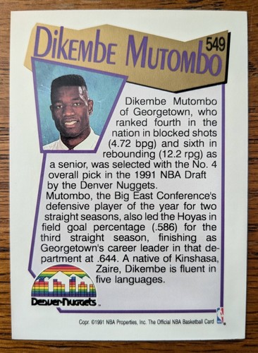 DIKEMBE MUTOMBO, 1991 NBA HOOPS ROOKIE CARD #549 - Picture 2 of 2