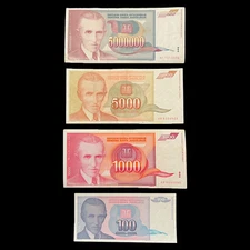 Yugoslavia 1993 Nikola Tesla 10, 1000, 5000 & 5 Million Dinara Banknote Currency