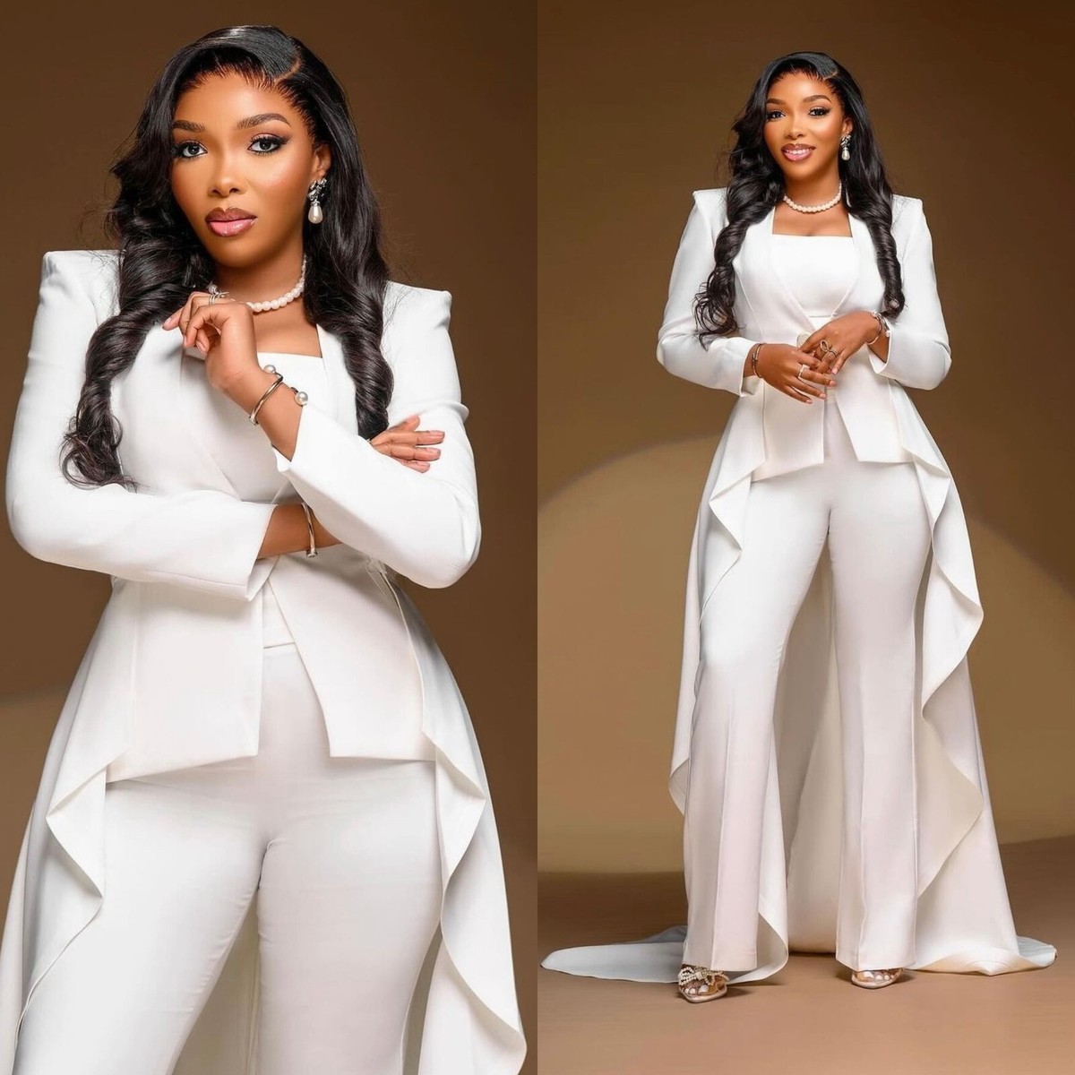 White Women Suit Jumpsuit Party Gown Pcs with Train Formal