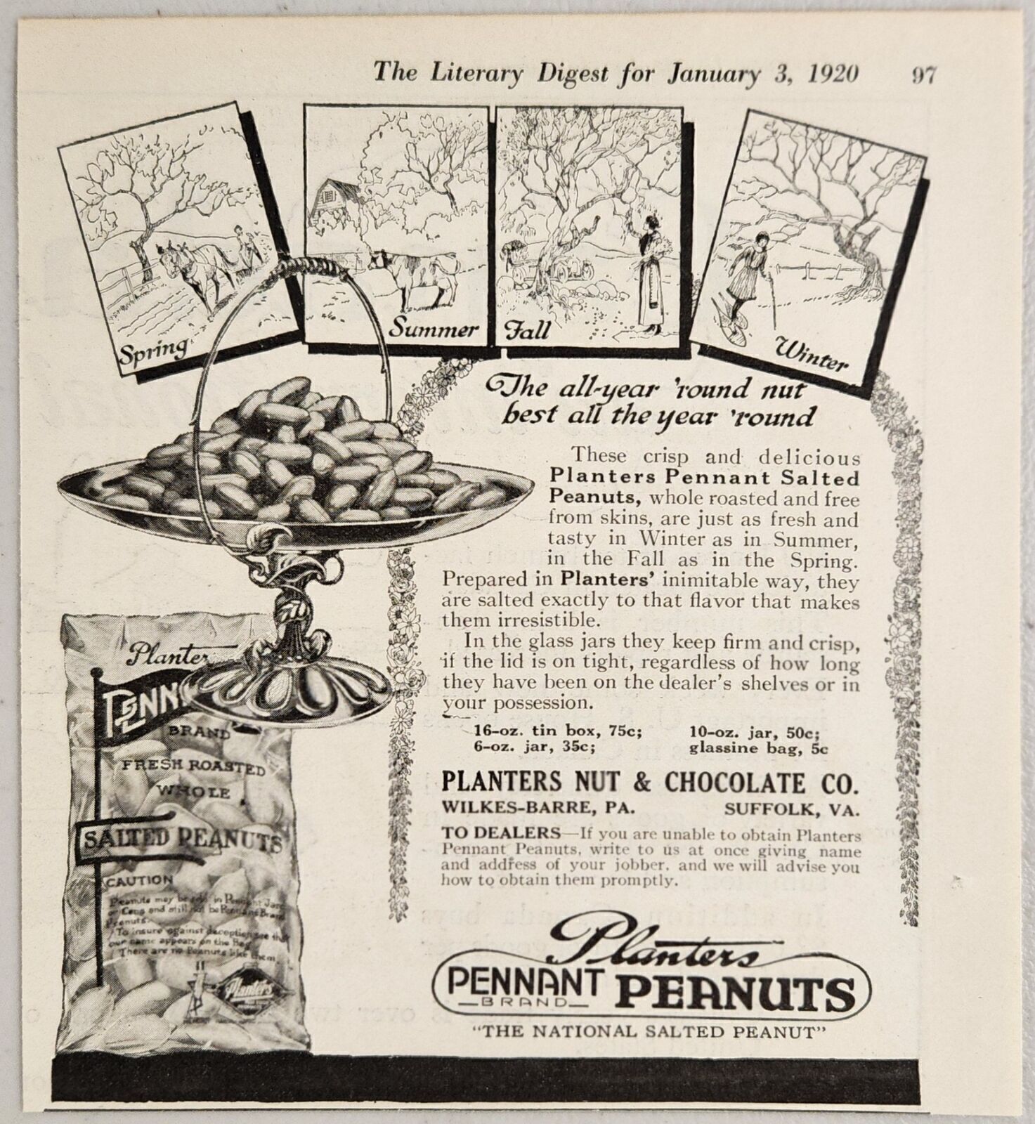 1920 Print Ad Planters Pennant Peanuts & Chocolate WilkesBarre,PA