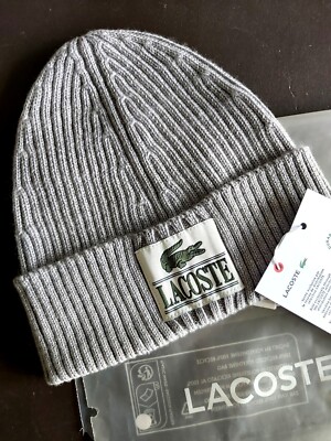Genuine LACOSTE Grey Chine Patch BEANIE Wool Cuff Hat Toque France