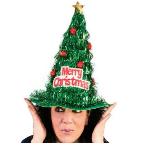 Merry Christmas Tree Green Tinsel Hat 