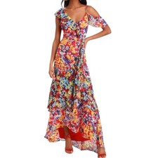 Lulus Radiant Ruby Red Floral Print Chiffon Maxi Dress Size Small NWT