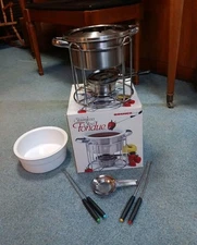 Roshco 9 pc Set Stainless Steel Fondue Chocolate Cheese Dessert Stoneware Bowl 