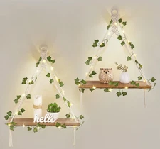 Artificial Ivy Macrame Hanging Shelves with Lights Set of 2 Boho Wall Decor Disp