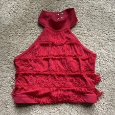 Red Weissman dance costume crop top with fringe detailing size adult medium