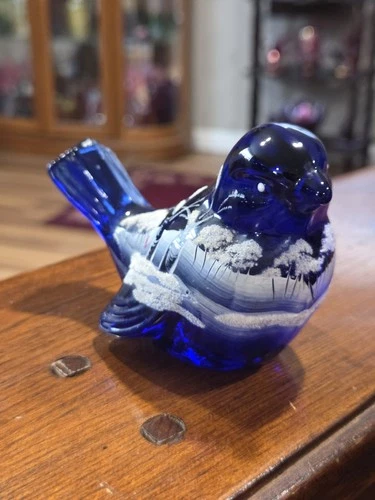 Fenton Art Glass Cobalt Blue Bird "Canaan Valley Series"  Hand Painted Signed