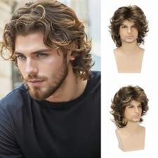 Men's Short Curly Wigs Brown Synthetic Heat Resistant Fluffy Wavy Hair
