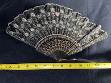 Peacock Fold Hand Fan Black Fabric Silver Embroidered Sequined Flowers