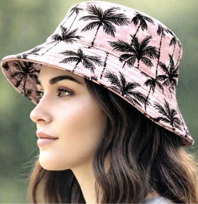Pink & Black Tropical Palm Tree Bucket Hat Reversible Double-Sided Beach Sun Hat