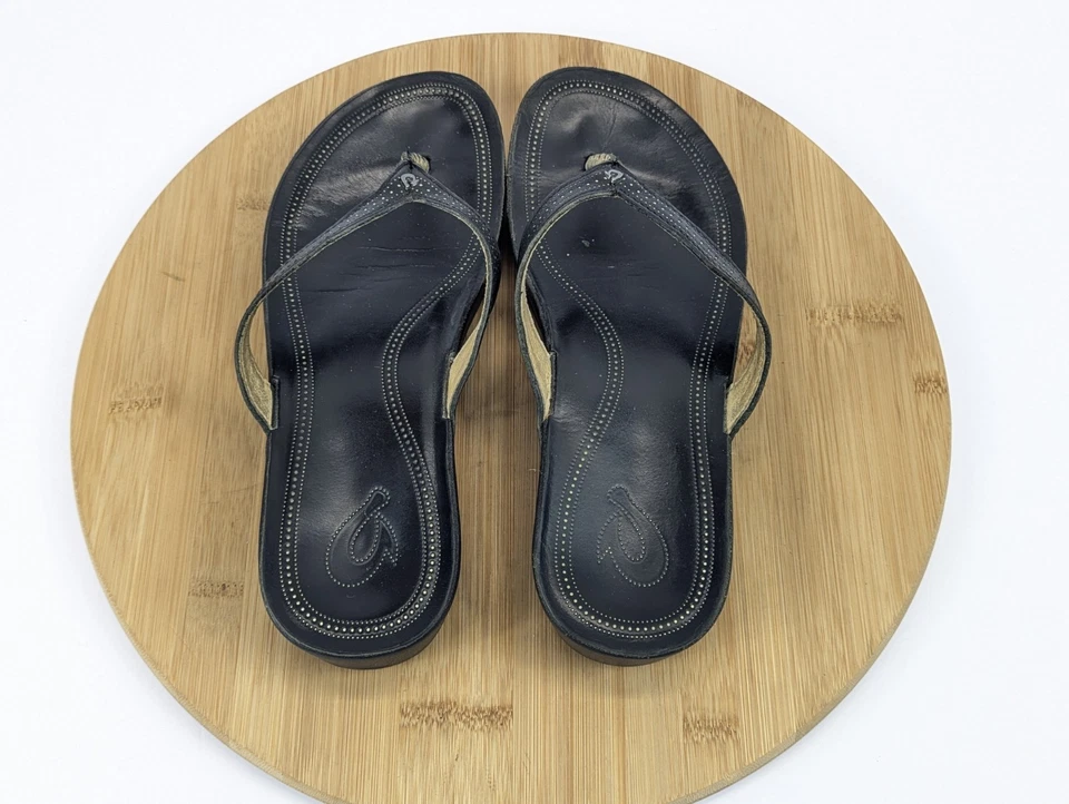 Olukai Sandals Ola Womans 7 Wedge Leather Black Logo Slip On Beach Outdoor Arch - Image 4 of 4