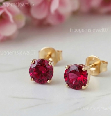 925 Sterling Silver Lab Red Ruby Stud Earrings Round Cut Fine Jewelry For Her