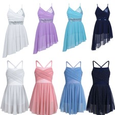 Kids Girl Lyrical Dress Mesh Spaghetti Shoulder Straps Leotard Latin Dance Skirt