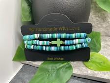 3 PC Set Heishi 7  Plus Stretch Bracelet Polymer Clay Beads Cross B3481