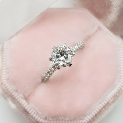 1.82Ctw Round Moissanite Trio-Micropave Engagement Ring in 14K White Gold Plated