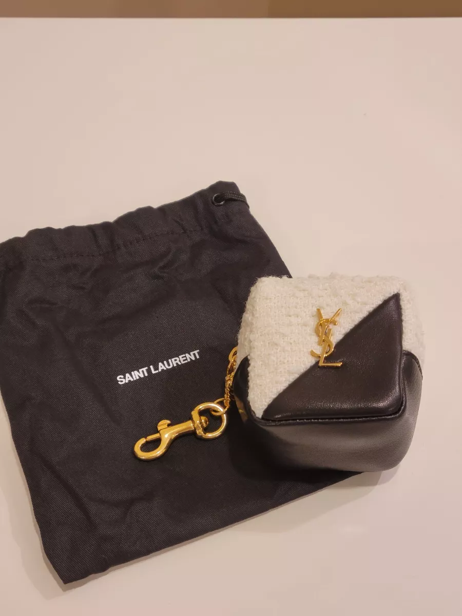 NEW $445 Saint Laurent YSL logo Jamie black & ivory cube charm key pouch  case