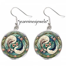 Pisces Zodiac Sign Earrings Vintage Art Nouveau Print Silver Charm Dangle