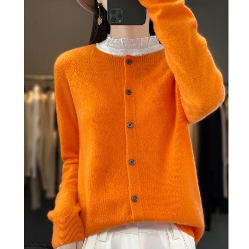 Merino Wool Long Sleeve Knitted Cashmere Sweater Ladies Knitted O-neck Cardigan - Picture 33 of 39