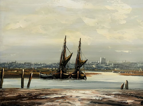 Maravillosa pintura al óleo y masa de paisaje fluvial de estuario industrial de E. Elliot - Imagen 3 de 12
