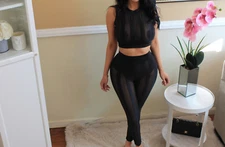 Black Mesh Vertical Stripes Sexy Two-Piece Set 