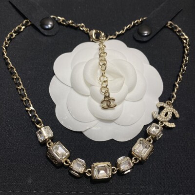 ?CHANEL Collier ras du cou cuir vendre cristal convexe CCS or clair quincaillerie 24C