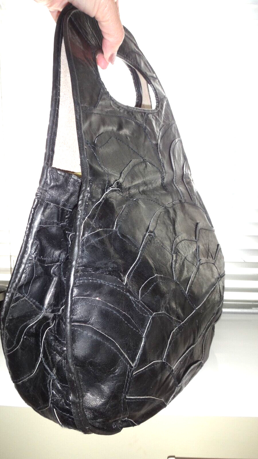 VINTAGE HANDMADE BLACK PATCHWORK BOHO LEATHER TOP… - image 7