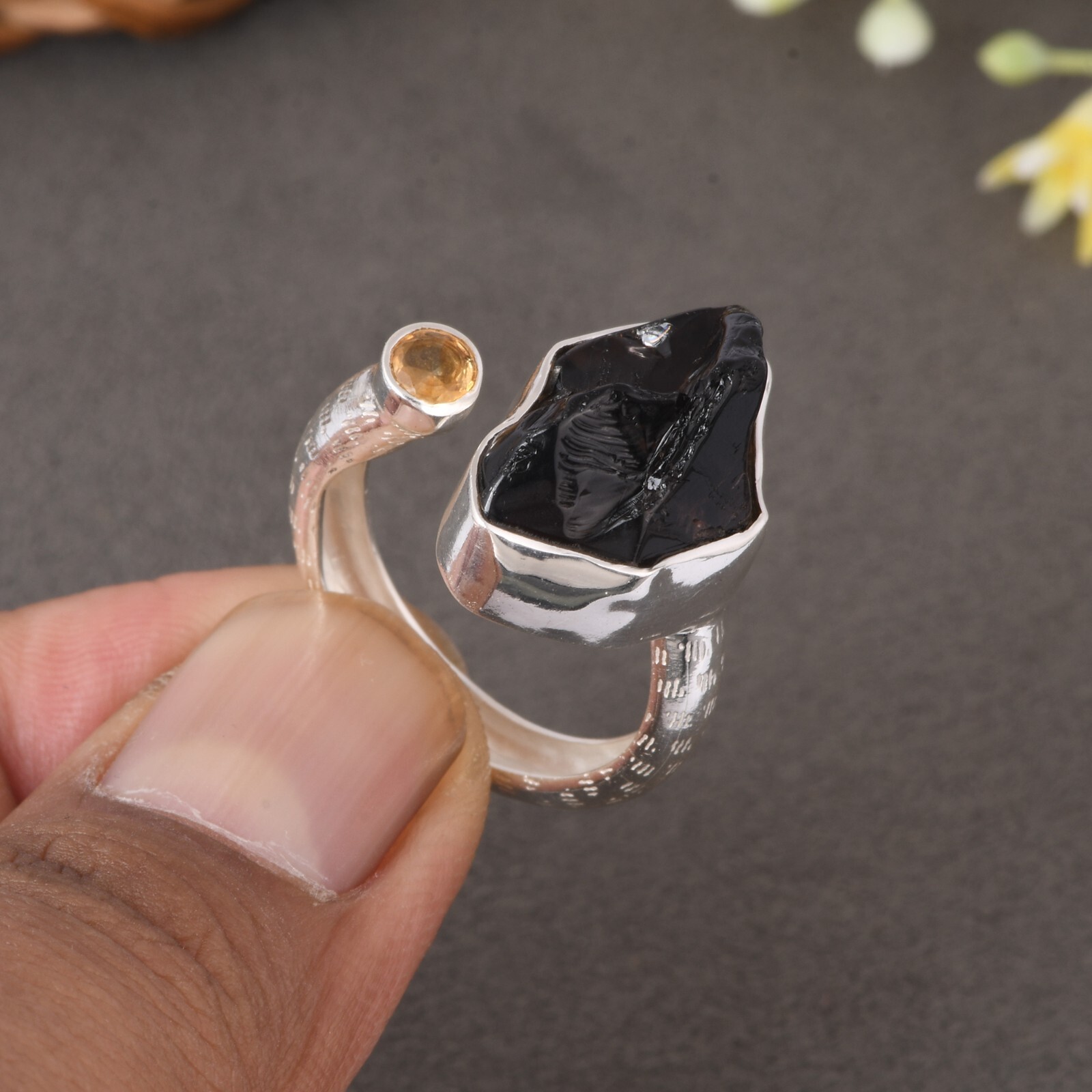 Sterling Silver Double Gemstone Ring with Smoky Quartz and Citrine  