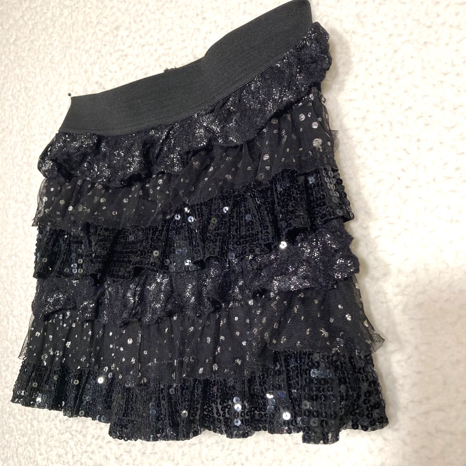 Girls S Black Sequin Ruffle Layered Skirt Stretch waist Dance or Prance! - Image 2 of 4