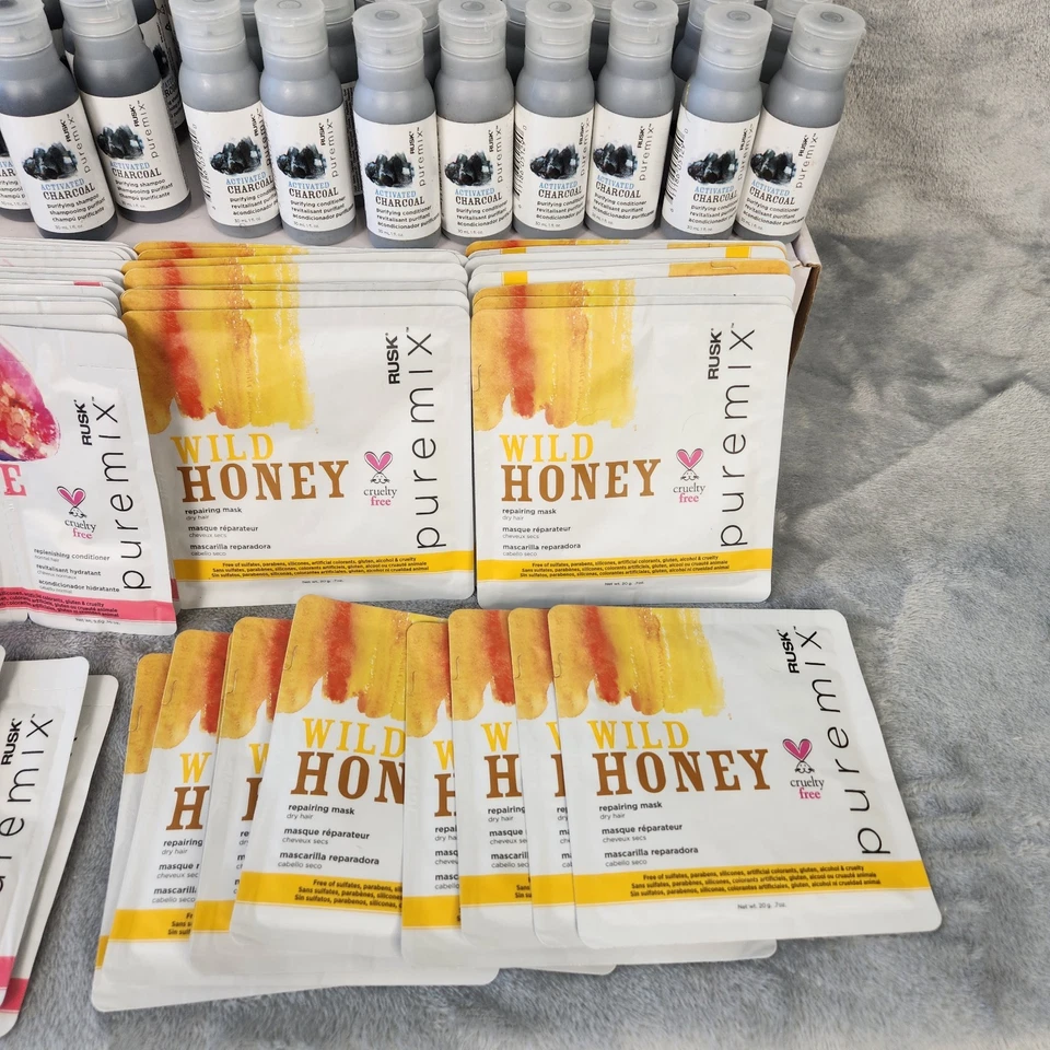 ENORME LOTE 160 muestras de cuidado del cabello Rusk/tamaños de viaje champú, mascarilla acondicionadora LEER Foto 3 de 4