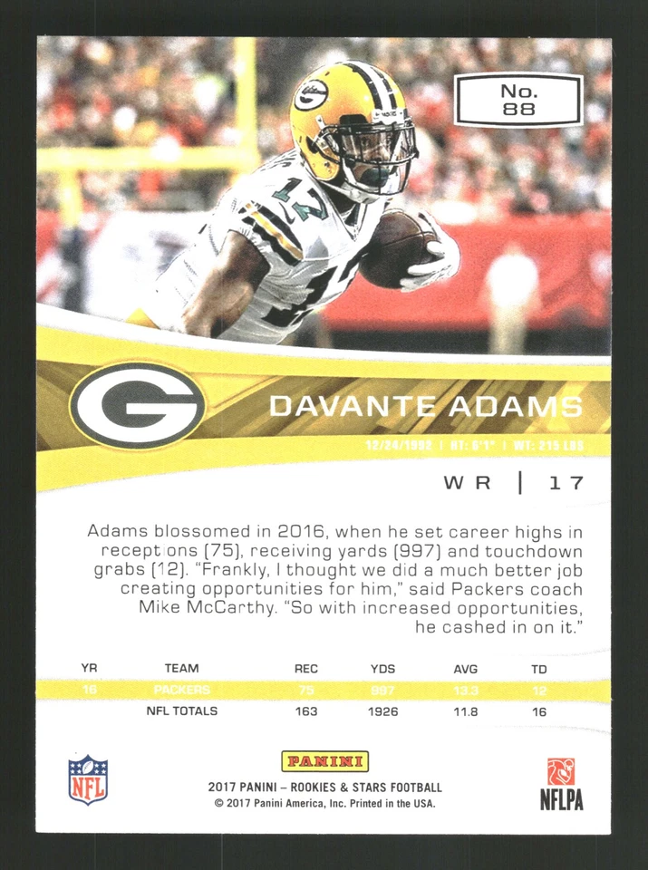 Davante Adams 2017 Panini Rookies & Stars #88 Green Bay Packers - Image 2 of 2