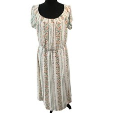 Floral Stripe Dress L Smocked Waist Puff Sleeve Midi Boho Cottagecore Old Navy