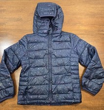 Gap Kids Girl Sz Small Navy Blue Hooded Puffer Coat Metallic Fleck Lightweight