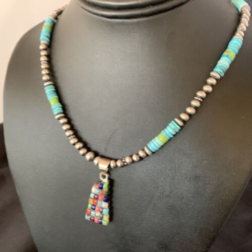 Collar Esterlina Colgante Perlas Navajo Turquesa Azul Multicolor 12617 - Imagen 3 de 12