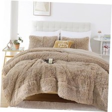 Faux Fur Taupe Comforter Set Size 3Pcs Fluffy Fuzzy Plush Queen Khaki